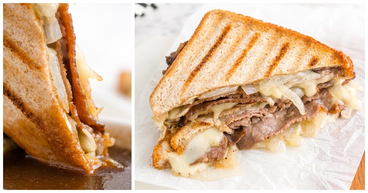 close up shot of roast beef panini with au jus cut in half and stacked on top of each other"