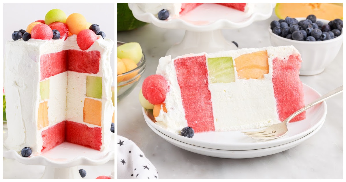 Watermelon Cake on a cake stand with a slice taken out and put on a plate topped with melon balls and blueberries