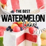 Watermelon Cake on a cake stand with a slice taken out topped with melon balls and blueberries