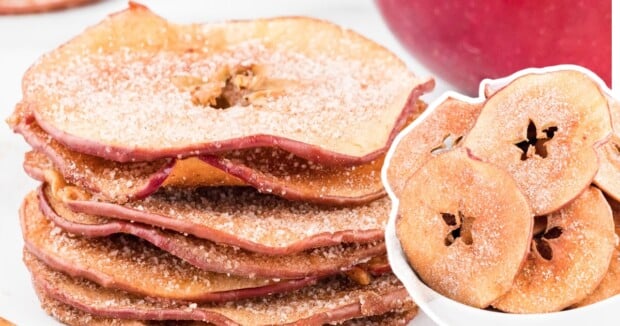 a close up of a stack of cinnamon sugar apples