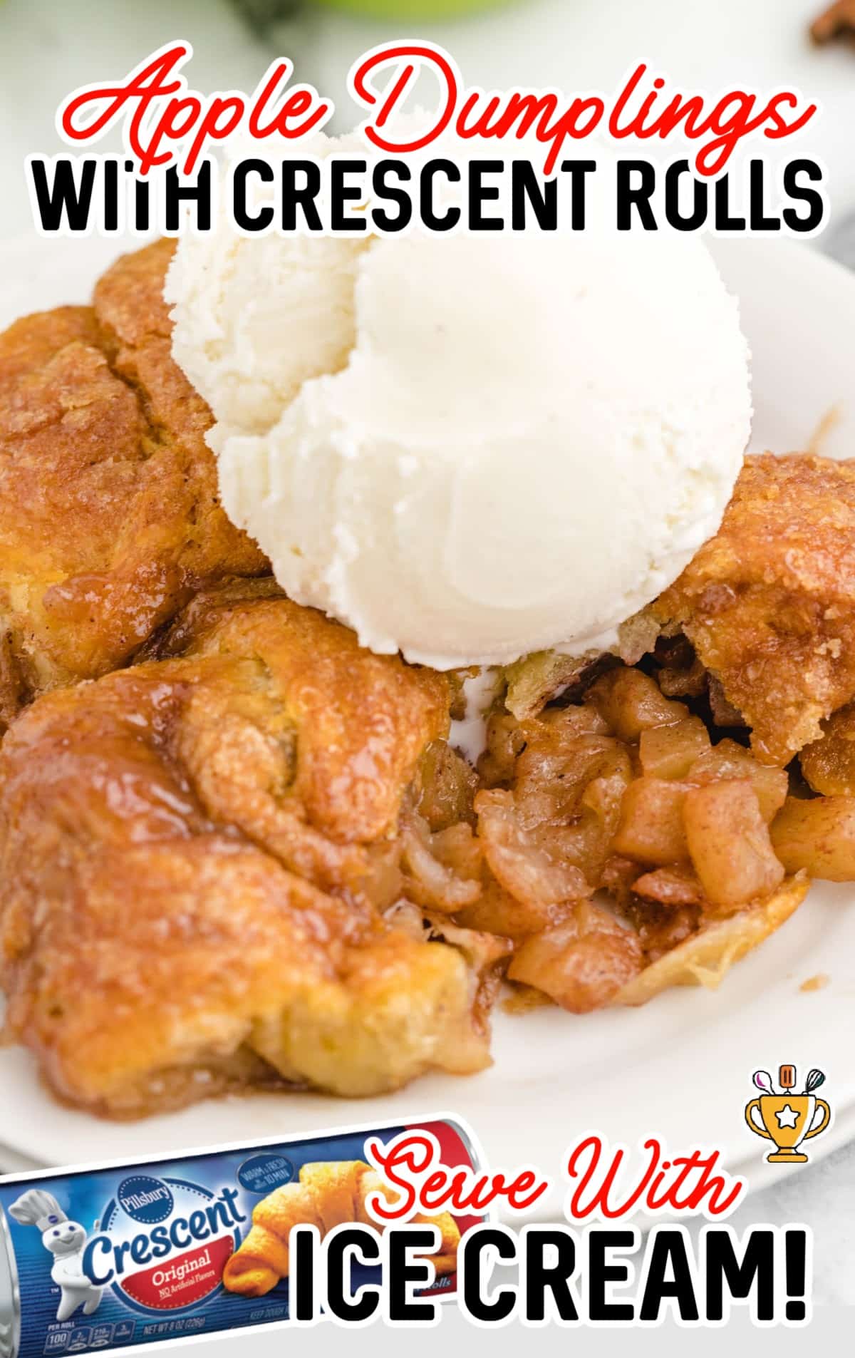 A serving on apple dumplings with crescent rolls on a white plate with ice cream on top.