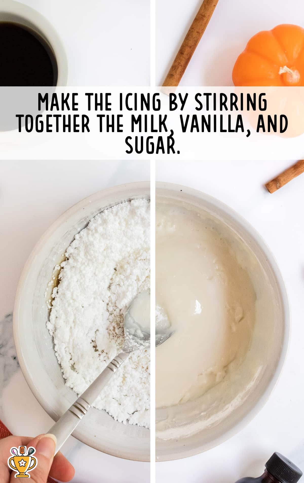 Milk, vanilla and sugar mixed in a bowl with a spoon