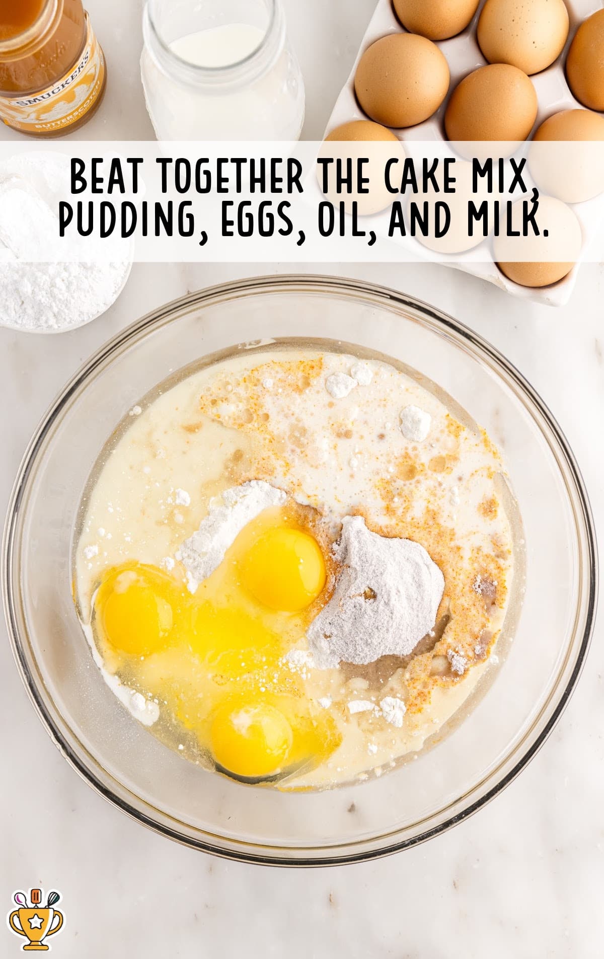 Cake mix, pudding, eggs and milk mixed together