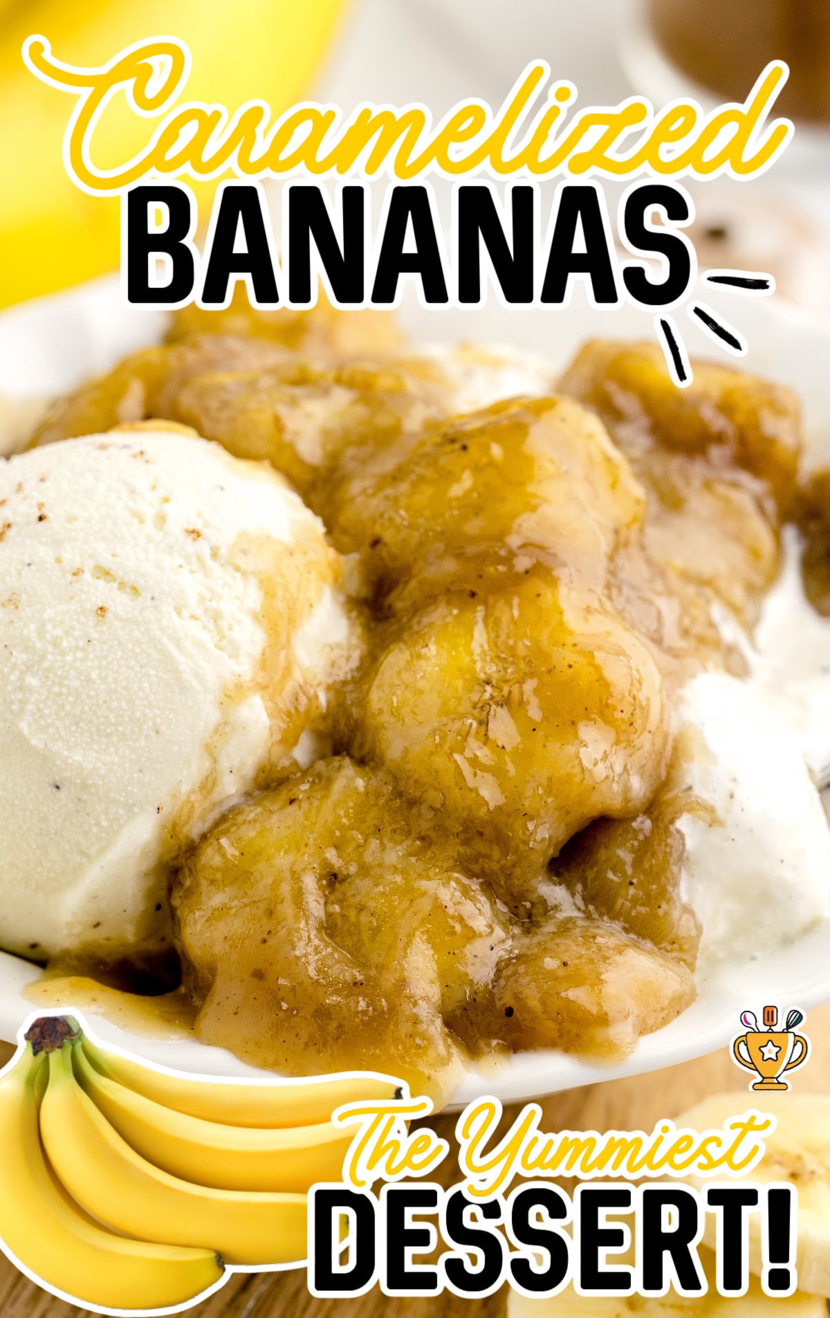 gooey bananas in a bowl with ice cream