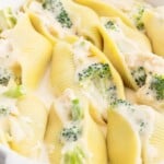 A closeup photo of Chicken and Broccoli Stuffed Shells