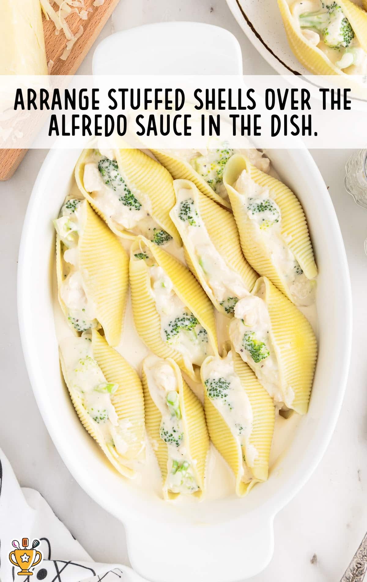 Chicken and Broccoli Stuffed Shells arranged in the dish