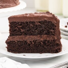 a slice of cake on a white serving plate