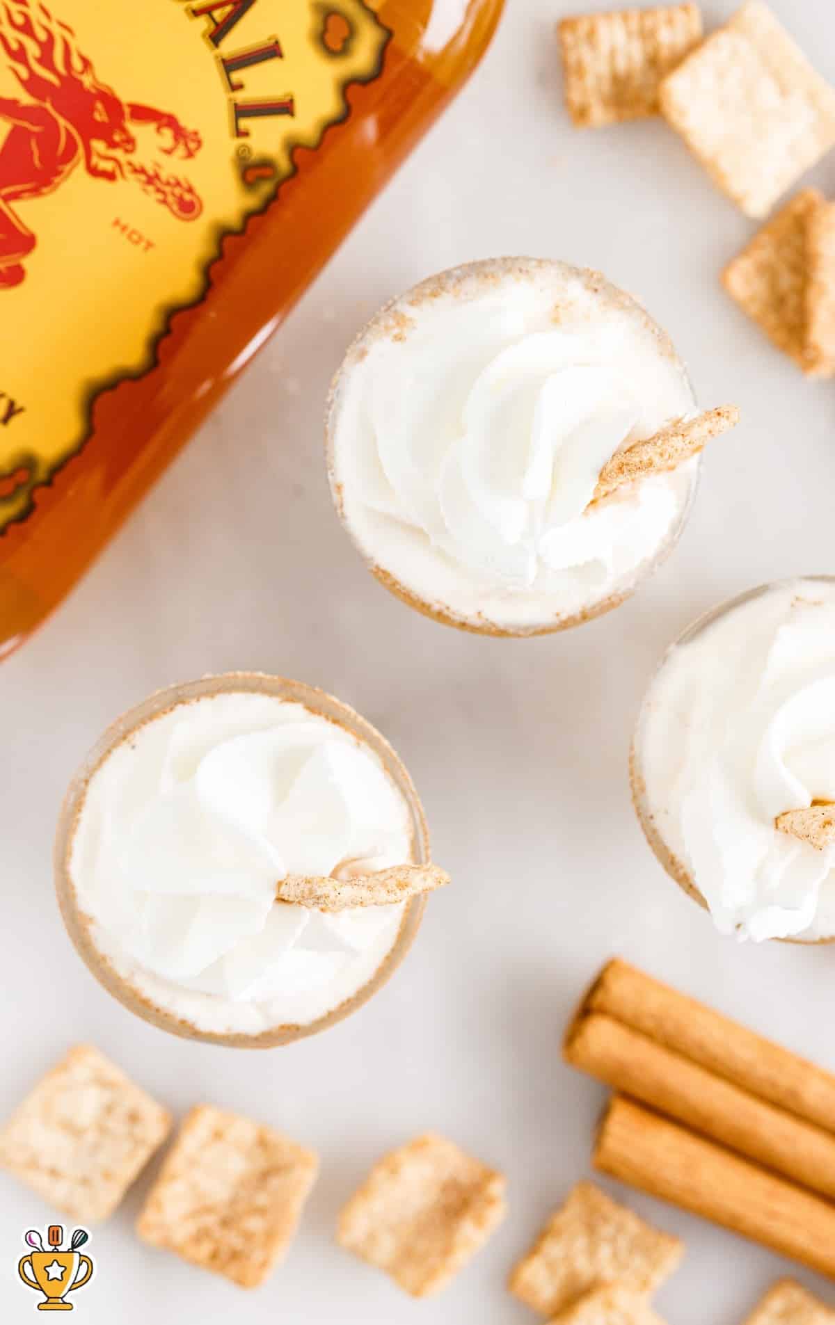 Glasses of Cinnamon Toast Crunch Shot ,an aerial view photo