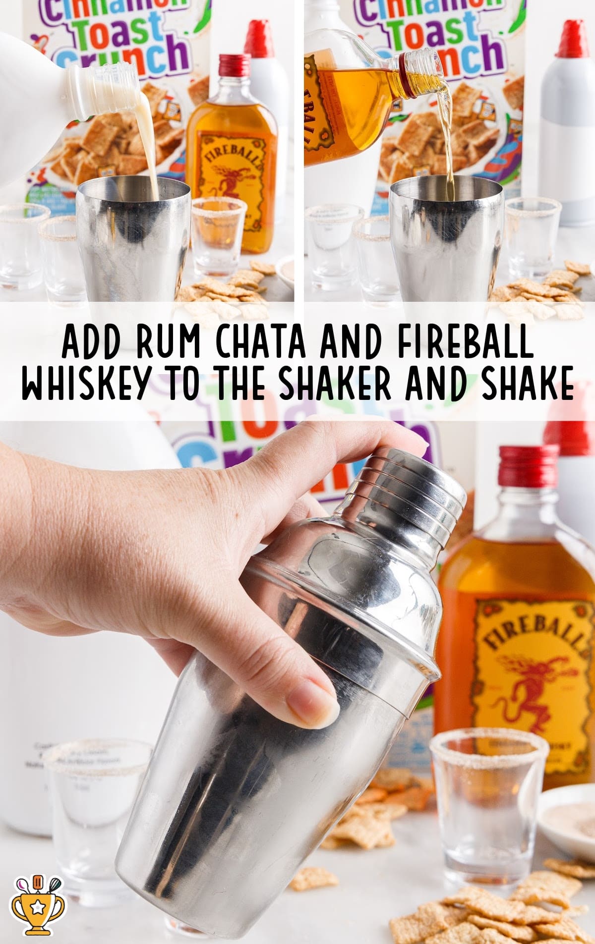 Rum chata and fireball whiskey in a shaker