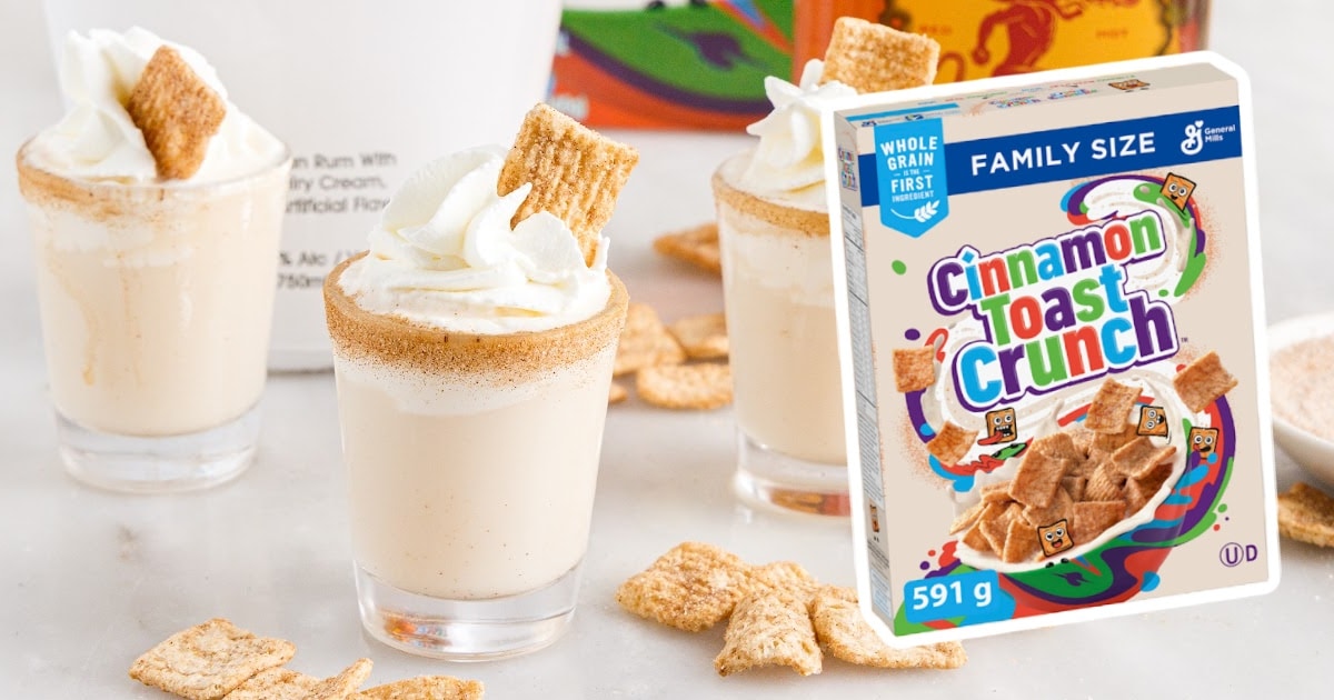 Three glasses of Cinnamon Toast Crunch Shot with a box of cinnamon toast crunch