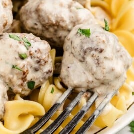 Crockpot Swedish Meatballs on a plate with a fork