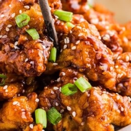 A closeup photo of General Tso Chicken