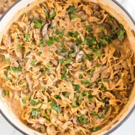 Ground Beef Stroganoff in a pan with a wooden spoon on the side