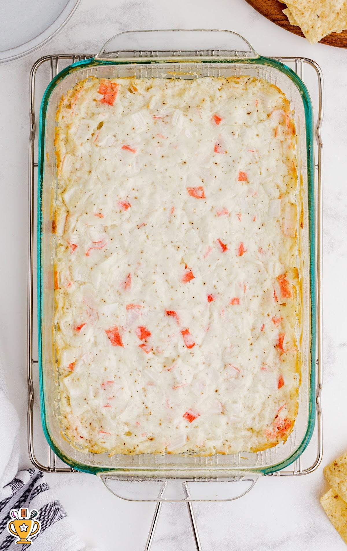 Imitation Crab Dip in a glass baking dish