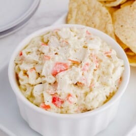 Imitation Crab Dip in a white bowl