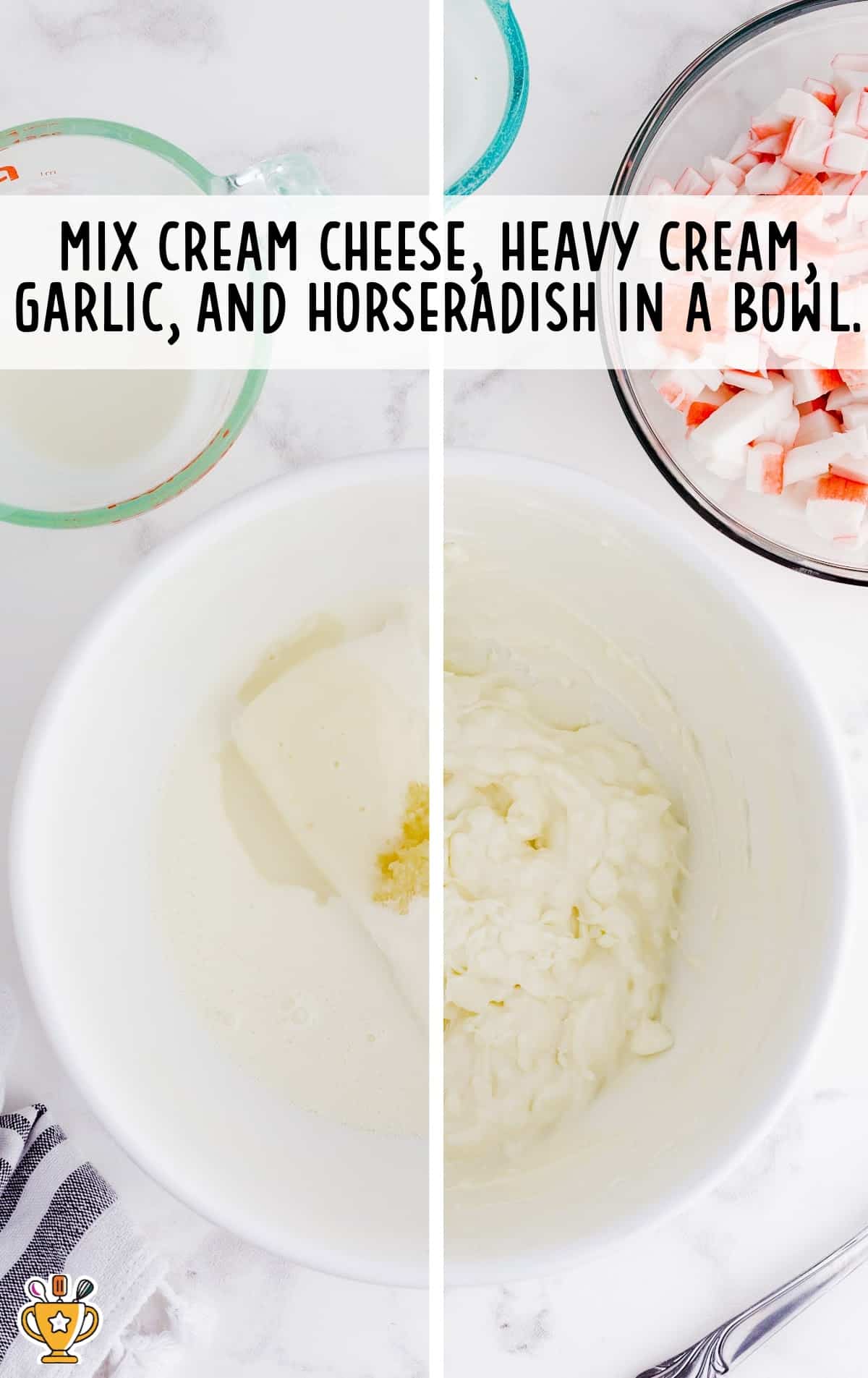 Cream cheese, heavy cream, garlic and horseradish mixed in a bowl