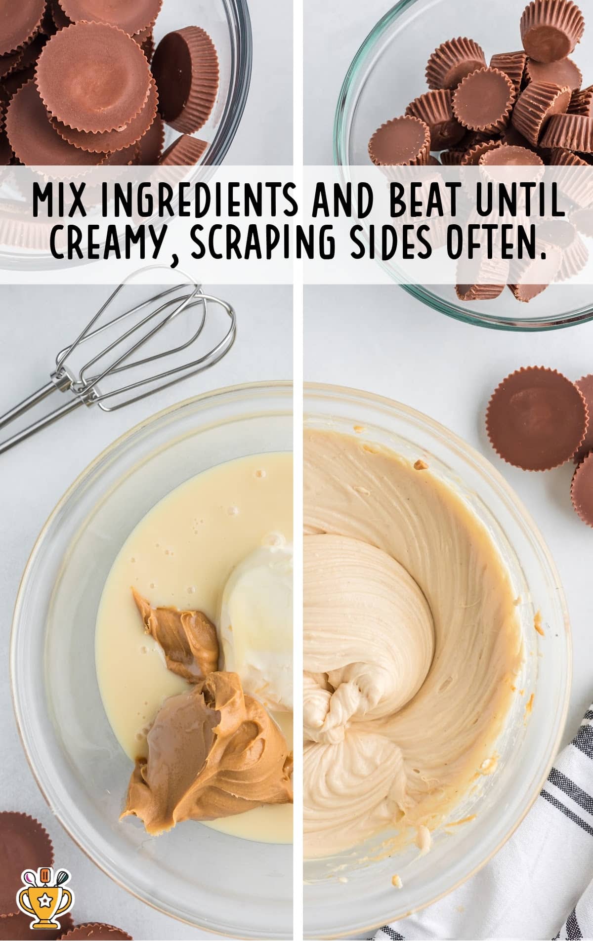 A picture of mixed ingredients for making Mini Peanut Butter Cheesecakes in a bowl with a mixer on the side