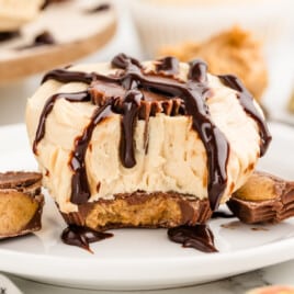 a mini peanut butter cheesecake on a white plate with chocolate drizzle and a bite out of it.