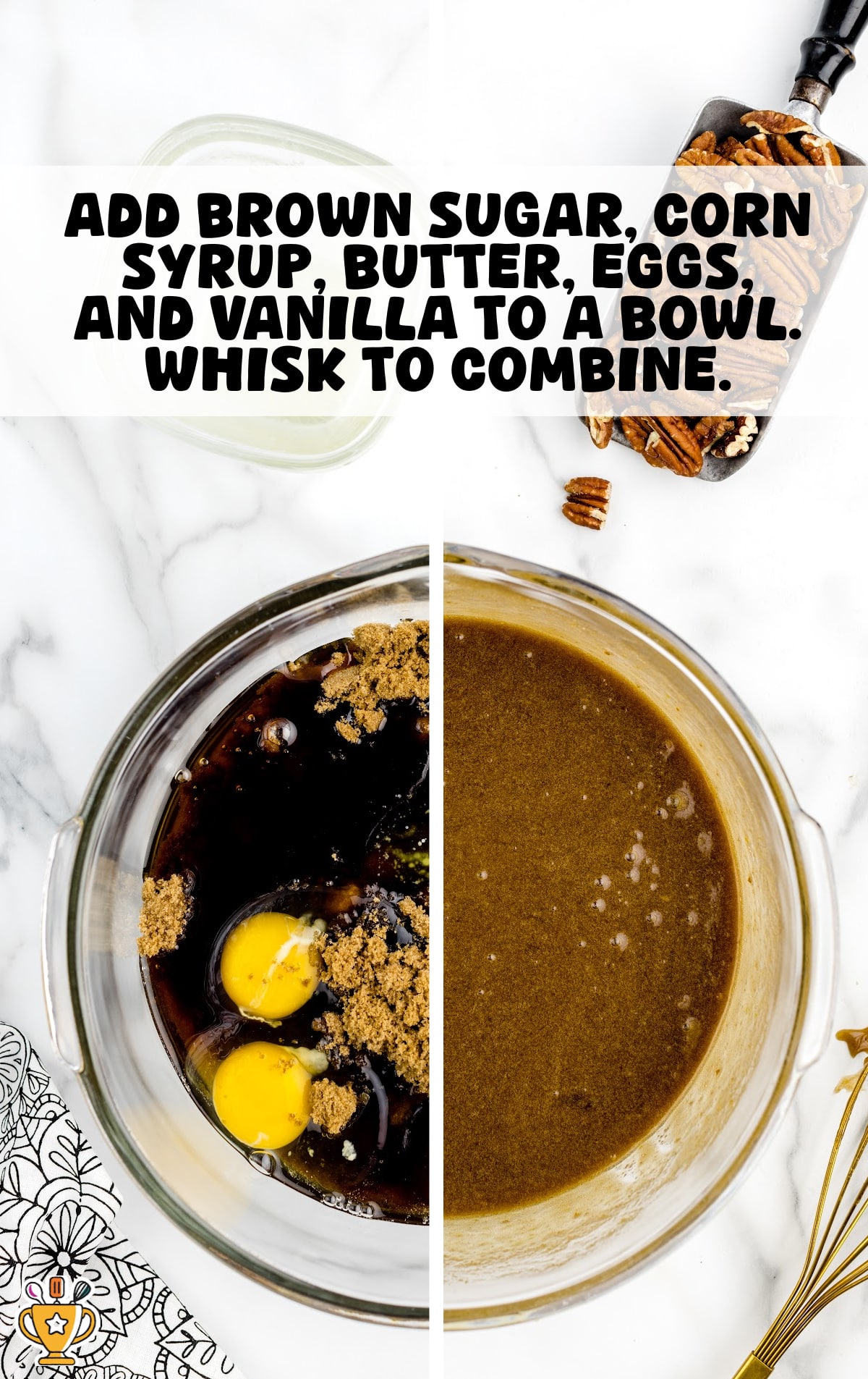 Glass mixing bowl filled with brown sugar, eggs, corn syrup, butter, and vanilla on a white marble countertop, with pecans and a whisk nearby, showing the first step in making pecan dump cake.
