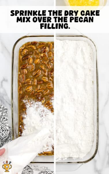 Sprinkling dry yellow cake mix evenly over a pecan filling mixture in a glass baking dish to make pecan dump cake.