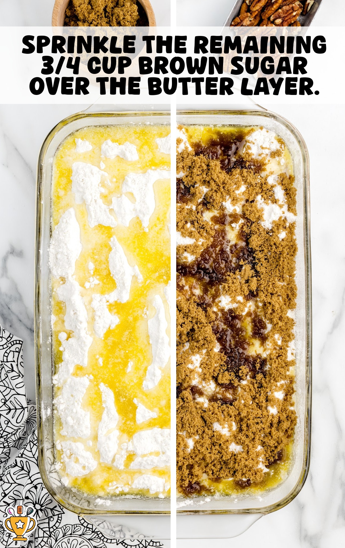 Sprinkling dry yellow cake mix evenly over a pecan filling mixture in a glass baking dish to make pecan dump cake.