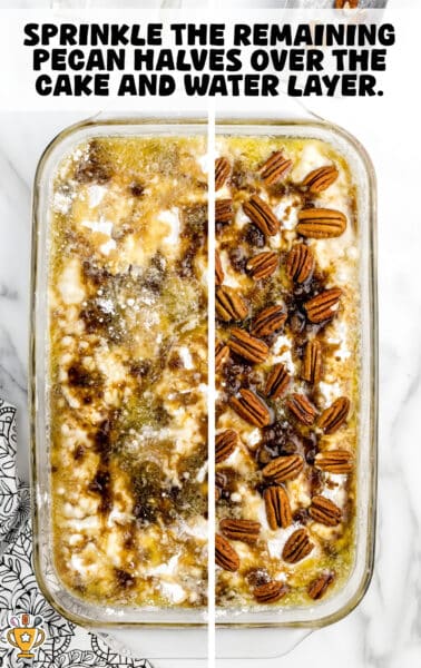 Top-down view of an unbaked pecan dump cake in a glass dish with visible swirls of melted butter, cake mix, and pecan halves before baking.