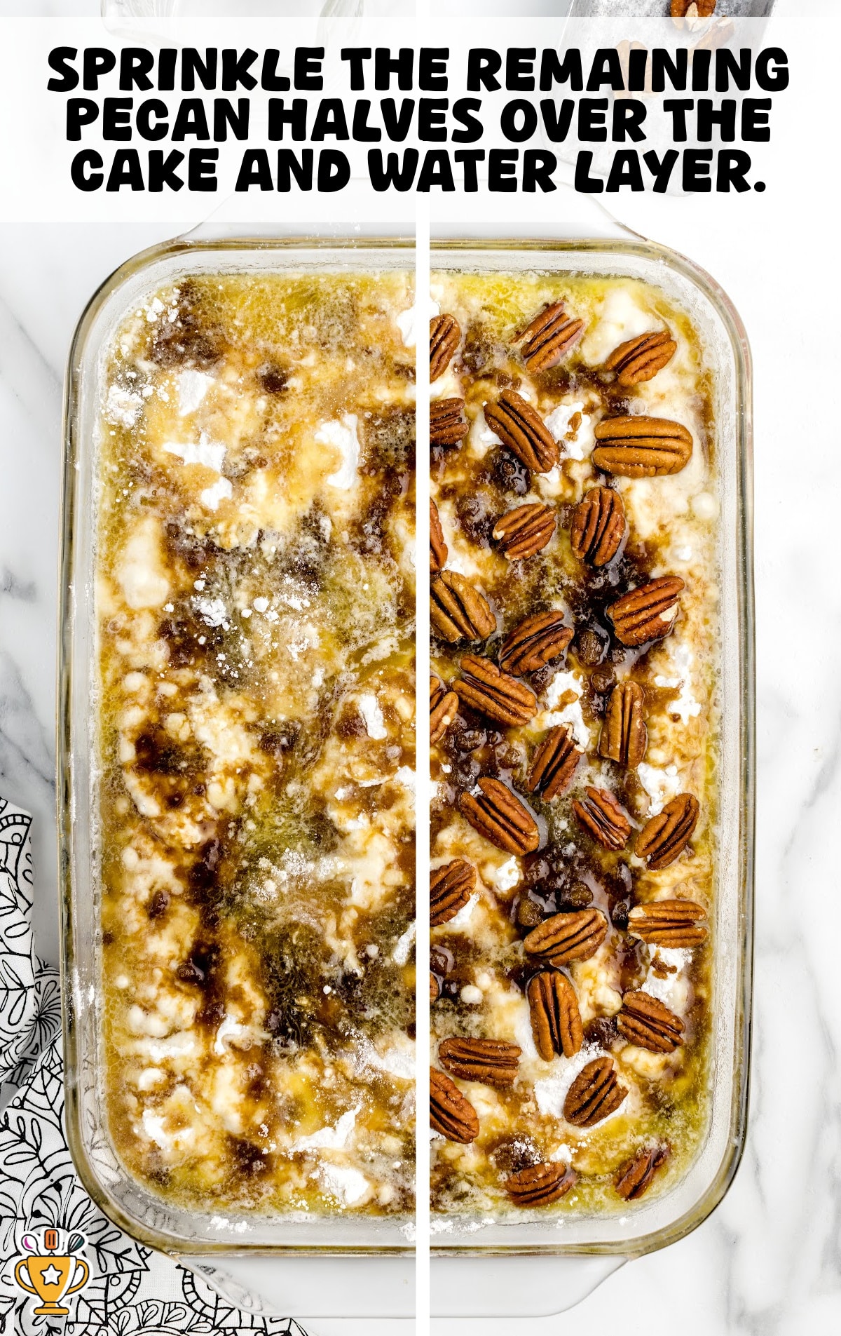 Top-down view of an unbaked pecan dump cake in a glass dish with visible swirls of melted butter, cake mix, and pecan halves before baking.