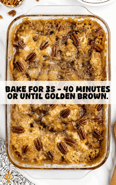 A freshly baked pecan dump cake in a glass dish, golden brown with bubbling caramelized edges and toasted pecans on top, ready to serve.