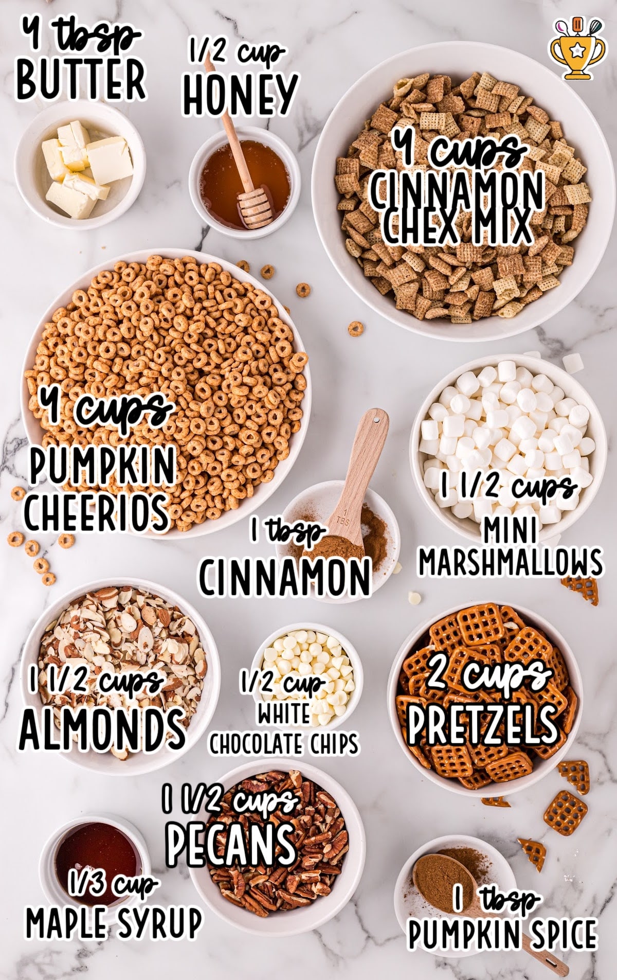 Ingredients for making Pumpkin Spice Chex Mix