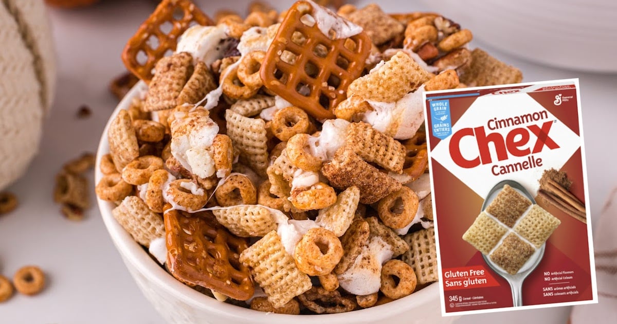 A bowl of Pumpkin Spice Chex Mix with a box of cinnamon chex cannele