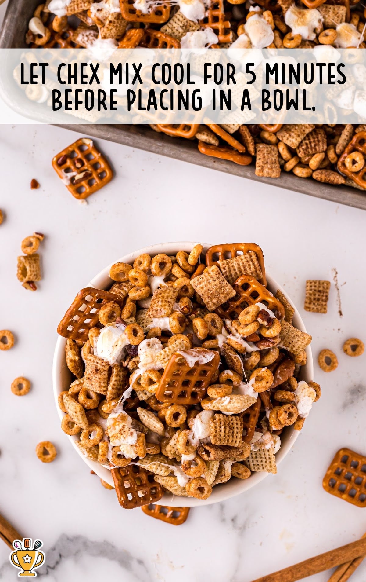 A bowl of already baked Pumpkin Spice Chex mix