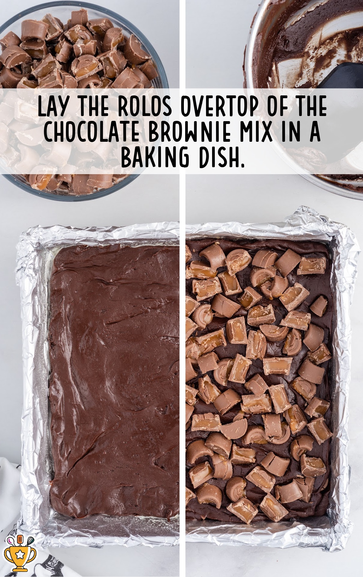 A baking dish with Chocolate brownie mix and Rolos overtop