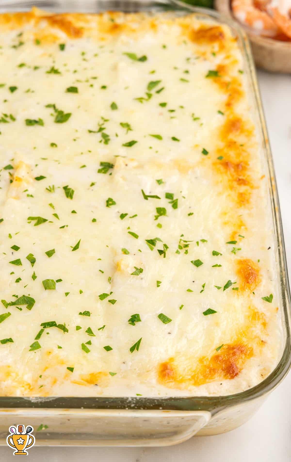 Seafood Lasagna in a baking dish