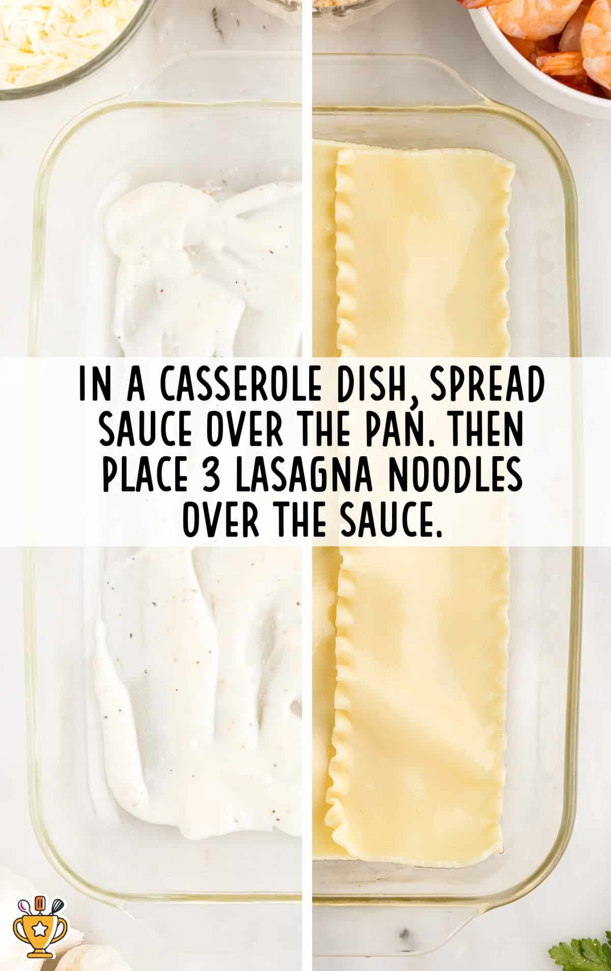 sauce spread over the pan with 3 lasagna noodles placed over the sauce