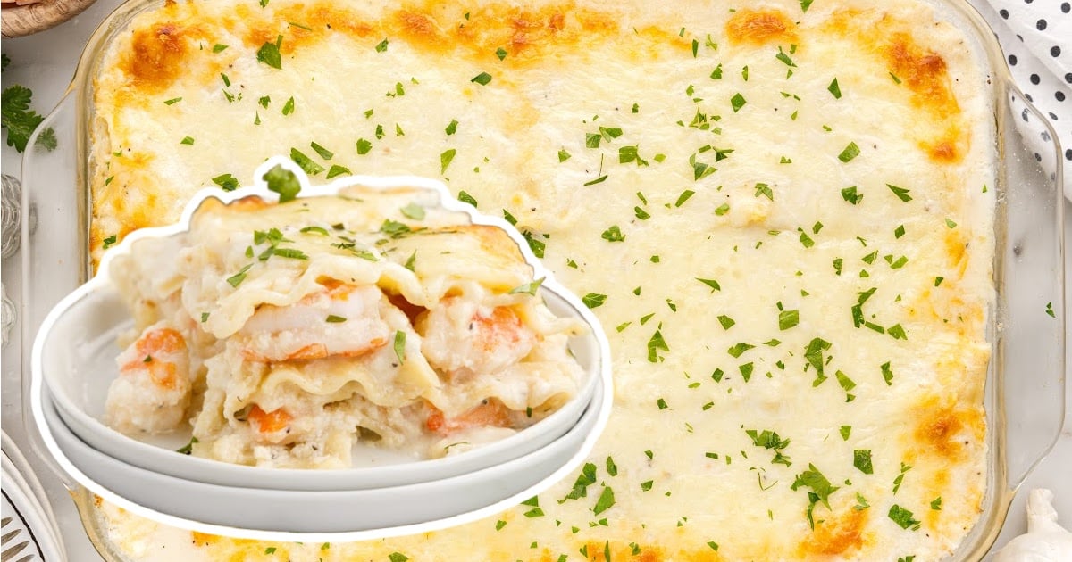 Seafood Lasagna on a plate and a baking pan