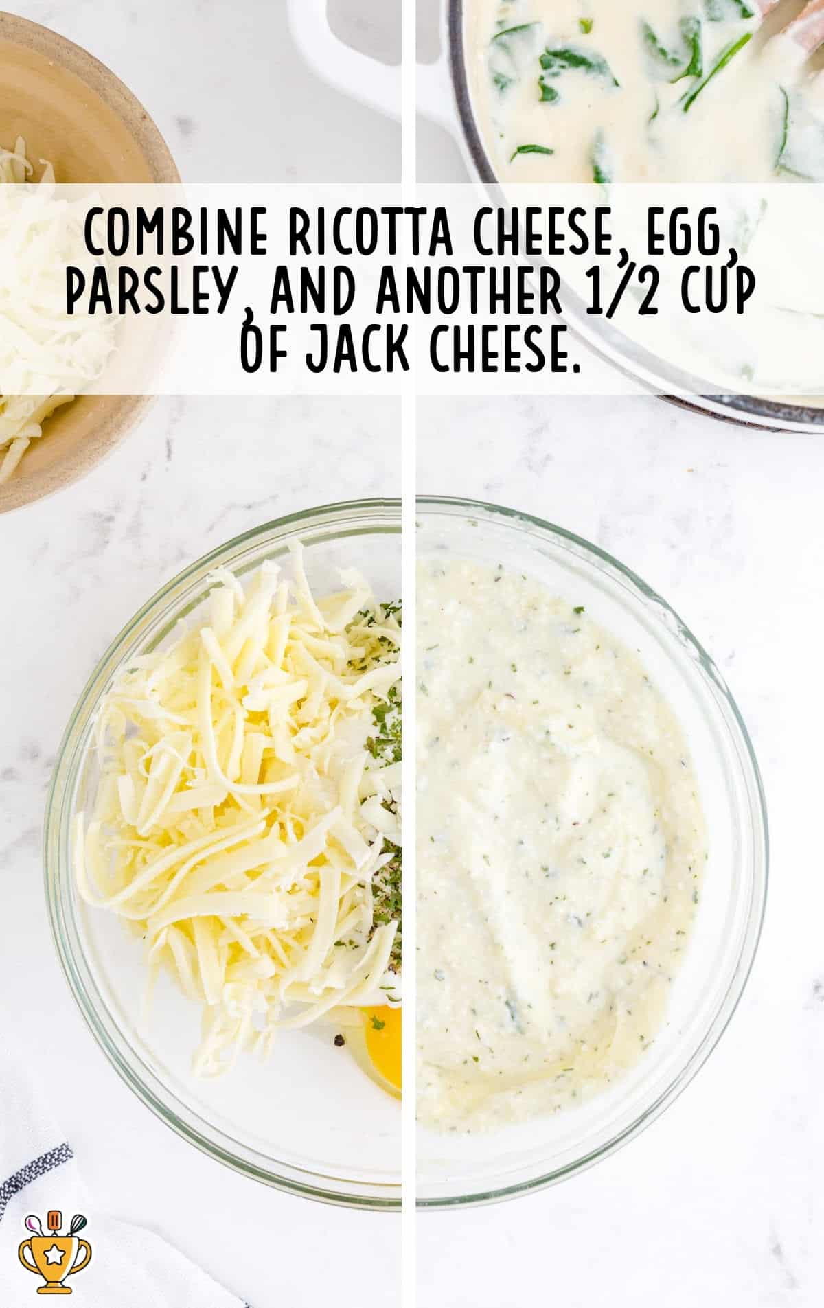 Ricotta cheese, egg, parsley and jack cheese combined in a bowl