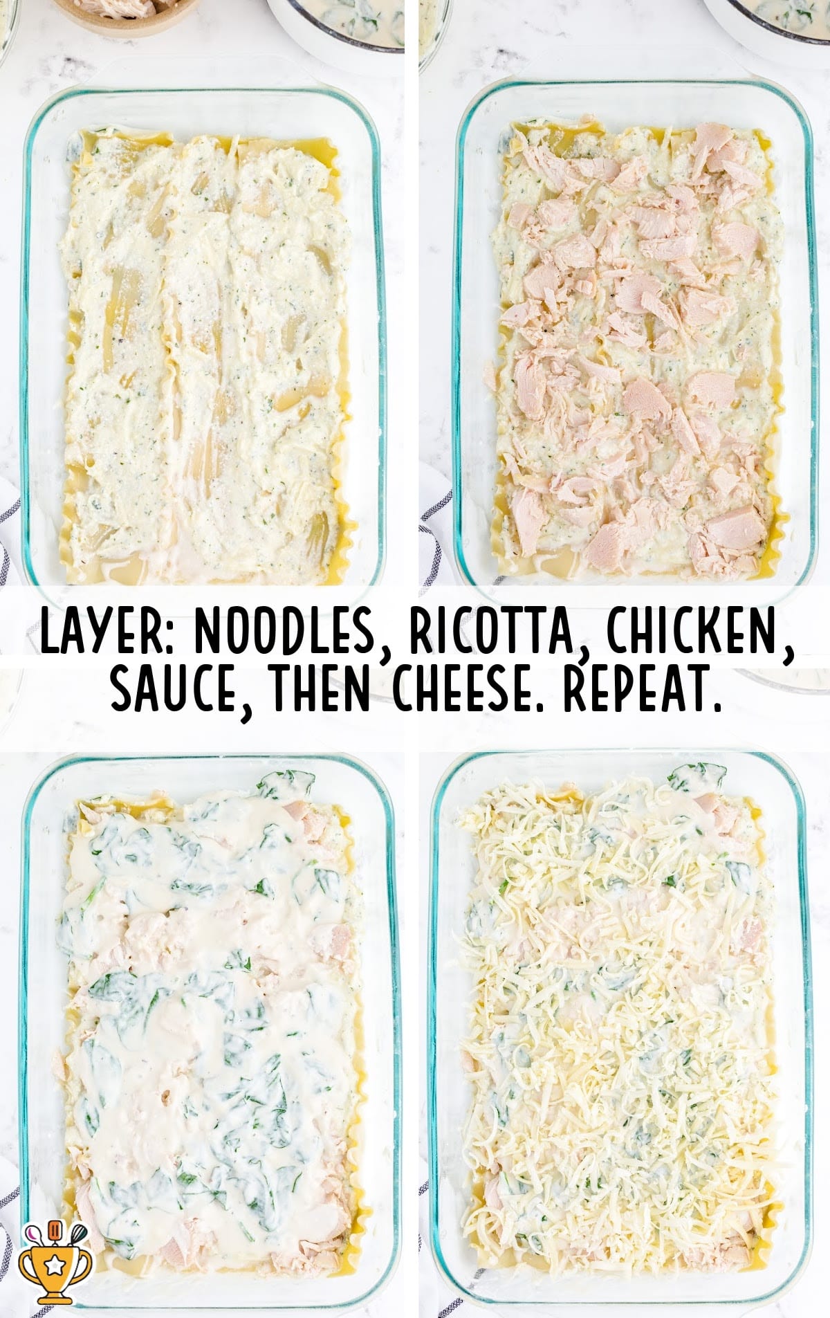 A picture showing layers of ingredients in a baking pan , noodles, ricotta, chicken, sauce and cheese