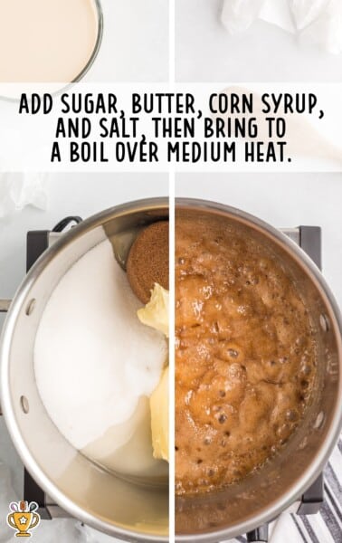sugar, butter, corn syrup and salt boiling together in a pan to make caramel base