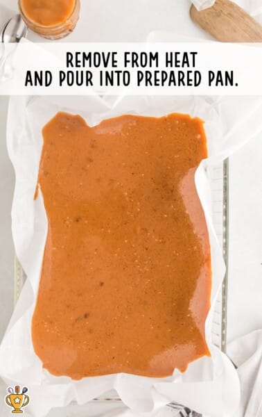 caramel mixture in a clear pan before cooling and setting