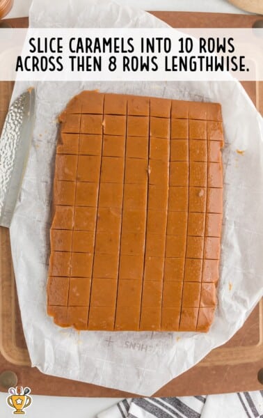 freshly cut caramel squares from a cooled caramel slab