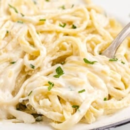 a plateful of alfredo pasta in olive garden sauce.