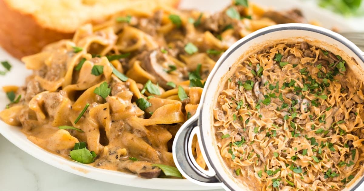 Ground Beef Stroganoff on a plate and another in a pan