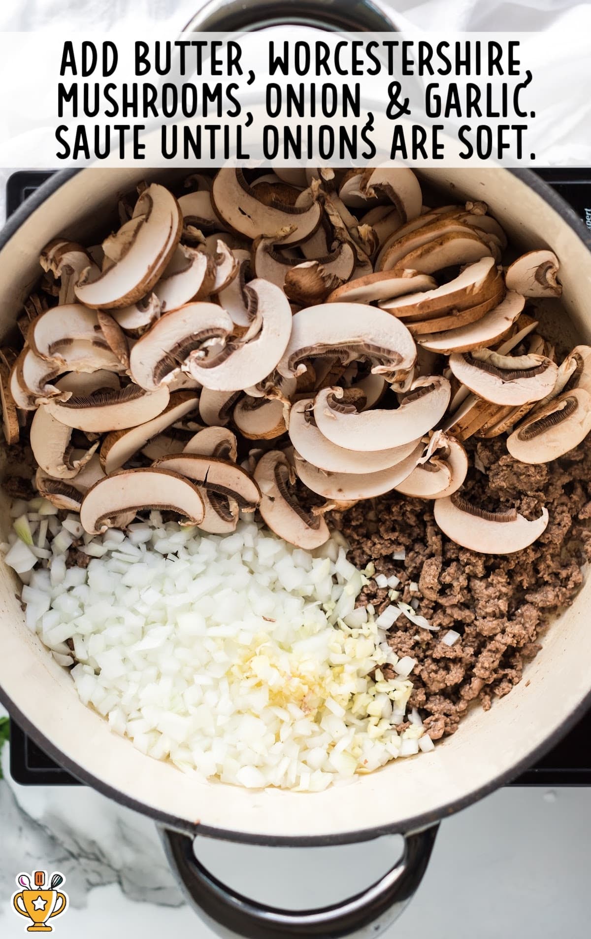 Butter, Worcestershire mushrooms, onion and garlic added into the pan