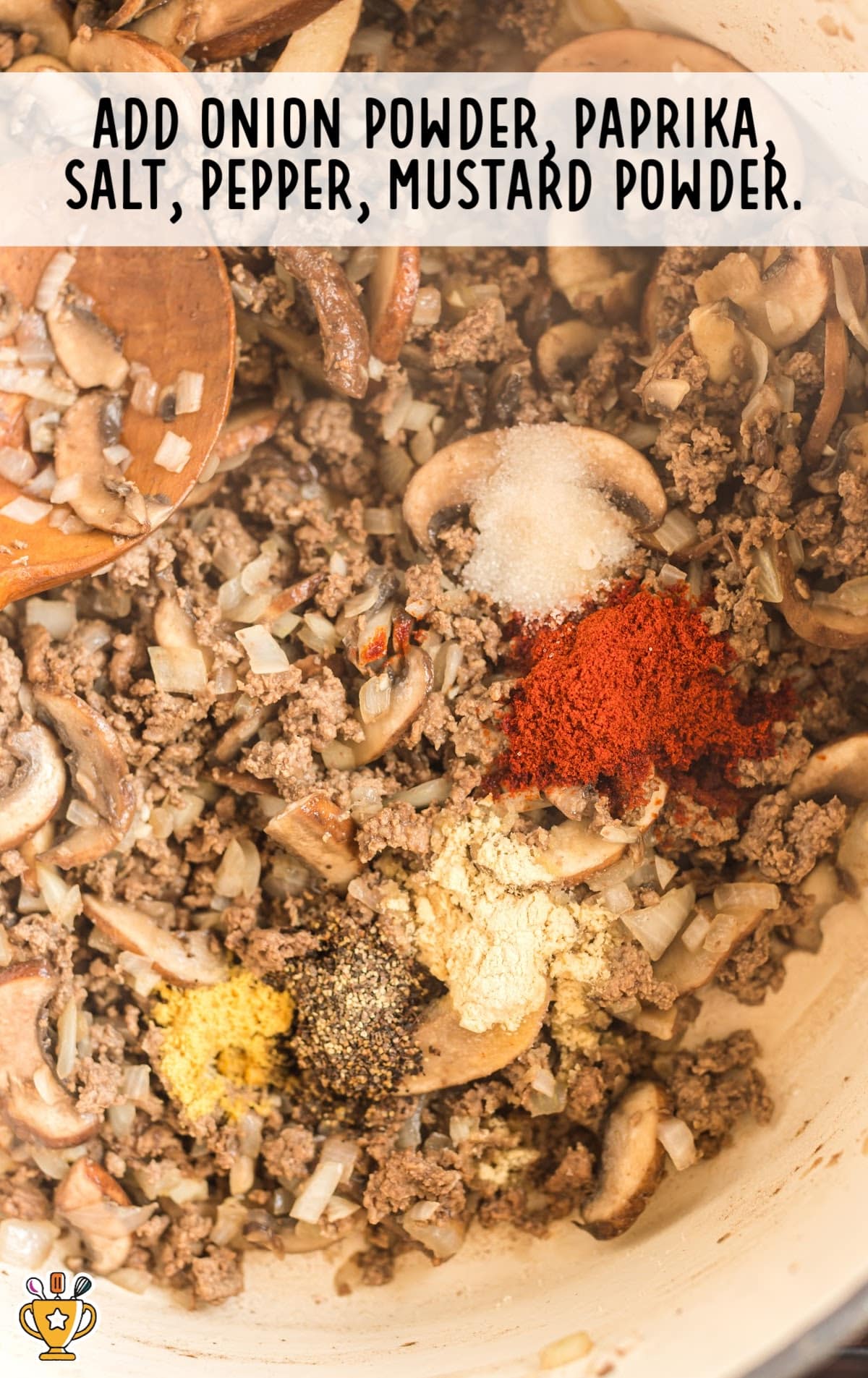 Onion powder, paprika, salt, pepper and mustard powder added into Ground Beef Stroganoff