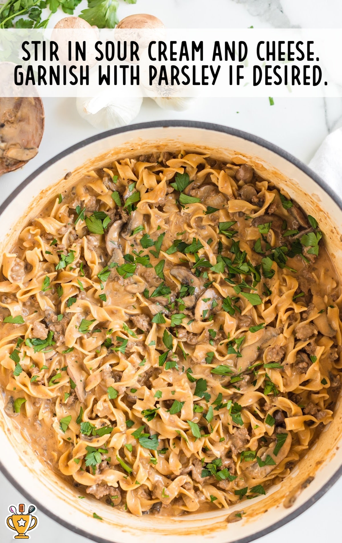 A pan of Ground Beef Stroganoff