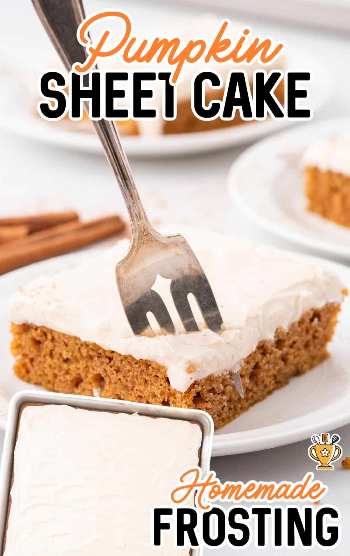 A piece of Pumpkin Sheet Cake on a plate with a fork