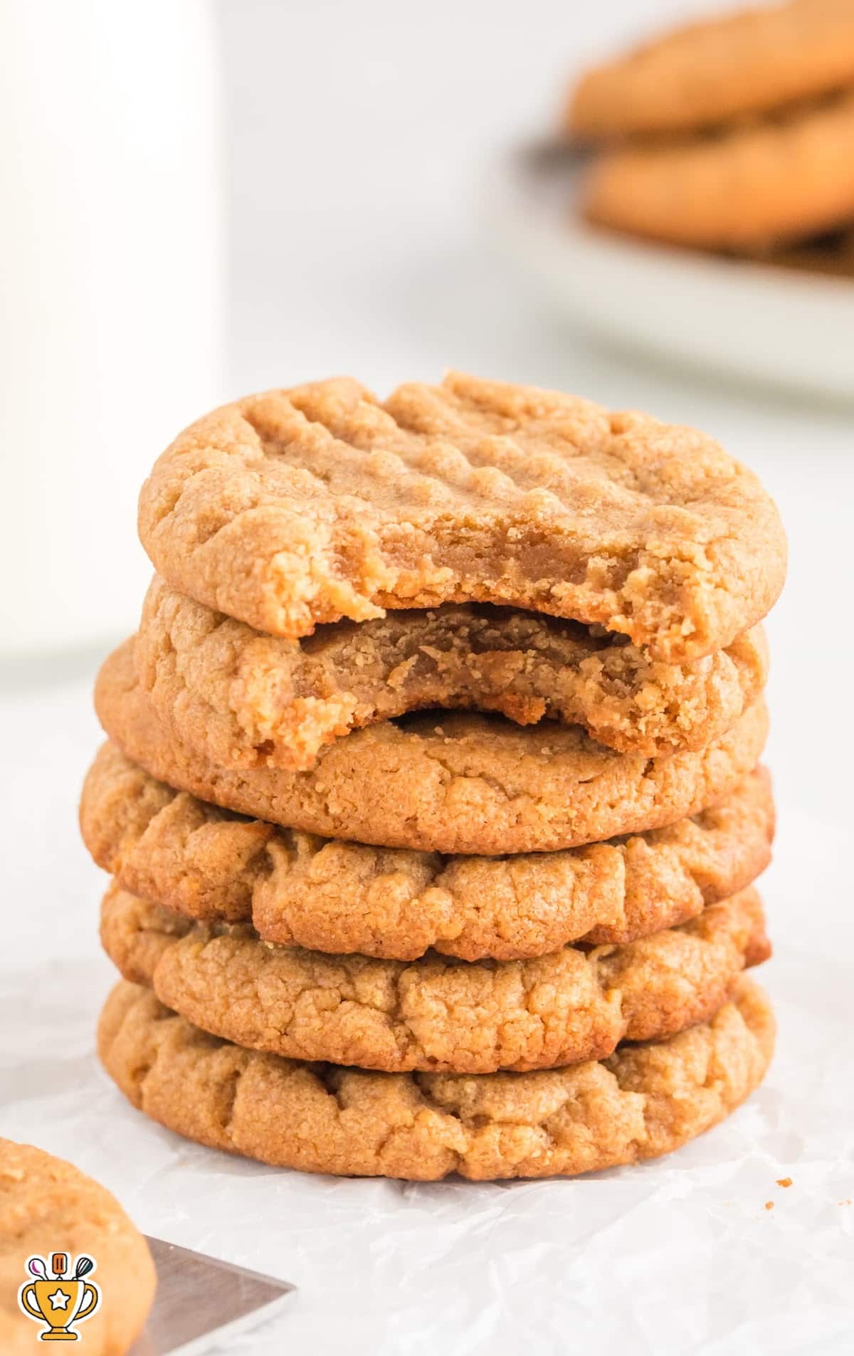 3 Ingredient Peanut Butter Cookies stacked together, the top two with bites