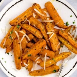 Air Fryer Carrots on a plate with a fork
