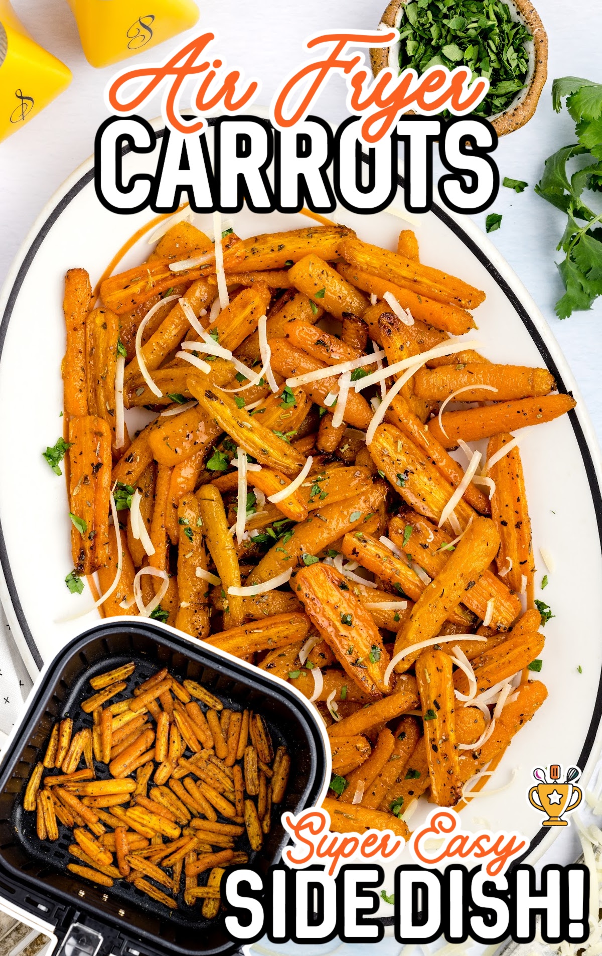 Air Fryer Carrots on a plate , Air Fryer with Air Fryer Carrots in it on the side