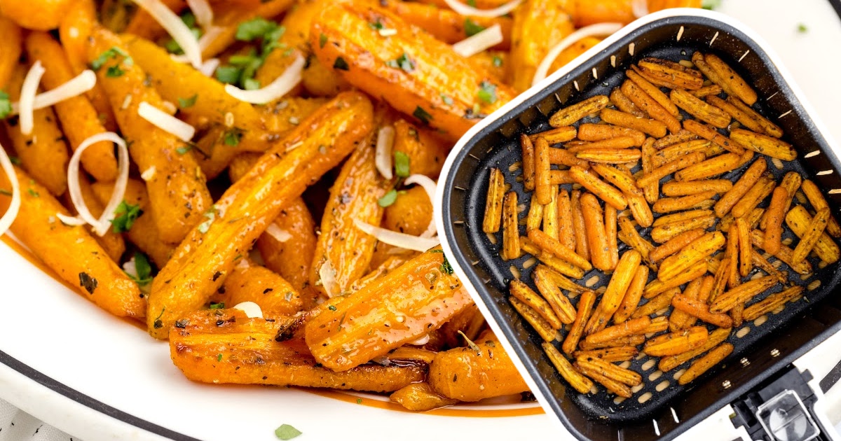 An Air Fryer with Carrots, with a bunch of Air Fryer Carrots on a plate